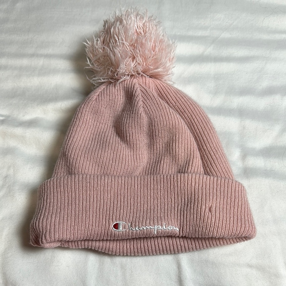 Champion Pink Ribbed Knit Pom-Pom Hat